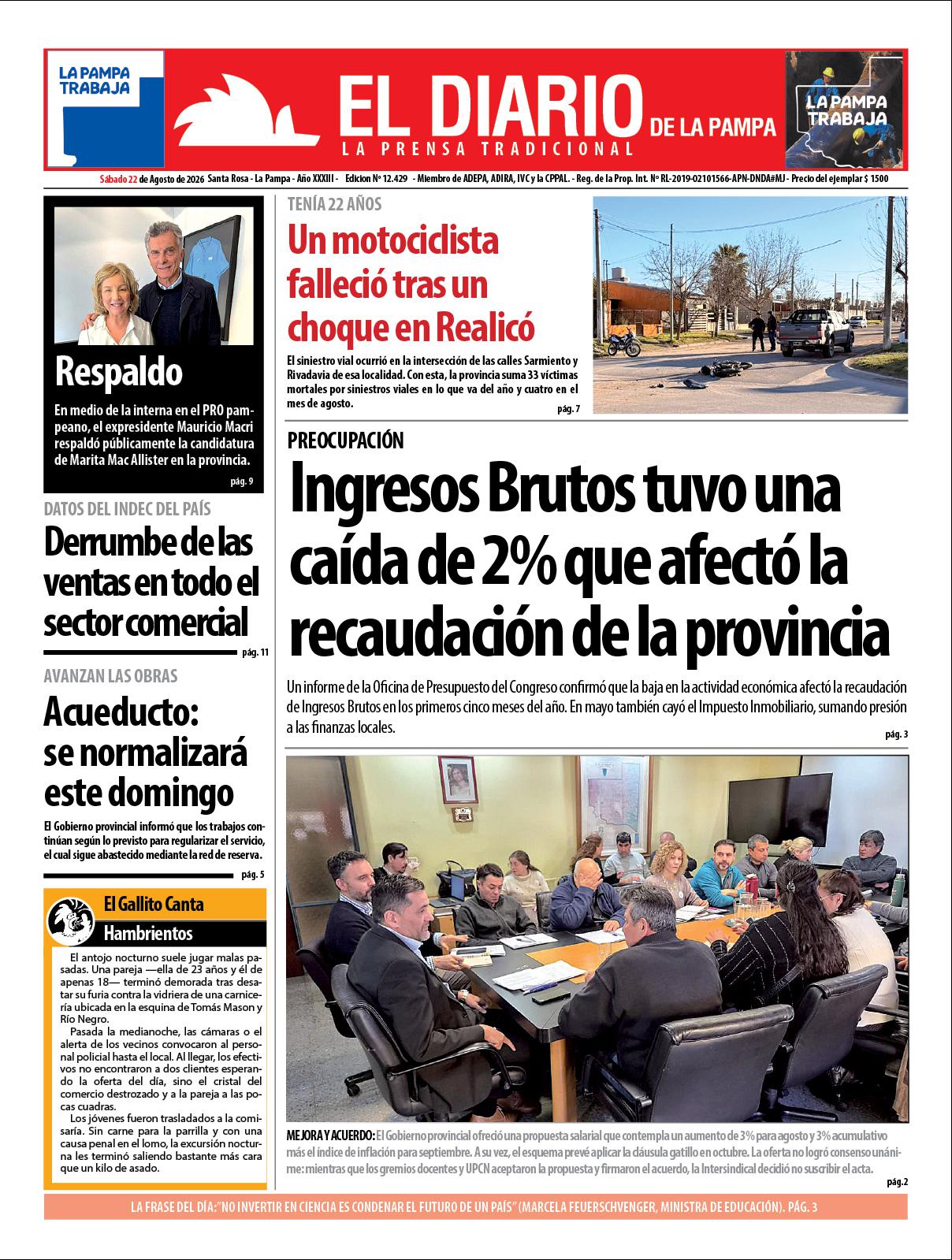 Tapa de El Diario en papel  saacutebado 22 de agosto de 2026
